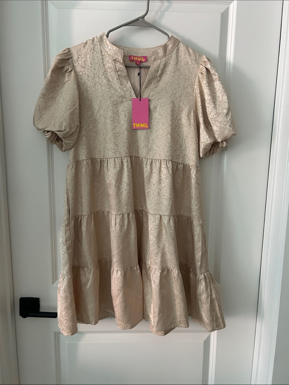 THML Cream Jacquard Puff Sleeve Tiered Dress